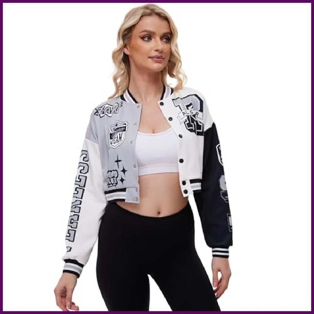 Cropped Varsity Bomber Jacket Polyester Spandex L… - image 2